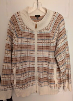 Chaqueta Suéter TALBOTS PLUS Talla 3X Cremallera Completa a Cuadros Marfil/Marrón/Azul/Beige Algodón/Lana Foto 1 de 4