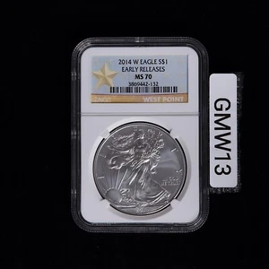 2014 (W) $1 AMERICAN SILVER EAGLE NGC MS70 ER STRUCK AT WEST POINT GOLD STAR - Picture 1 of 2