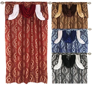LANA Luxury Jacquard Curtain Panel with Attached Waterfall Valance 54" X 84" - Picture 1 of 69