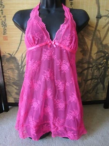 Women's V-Secret Hot Pink Lace Sheer Lingerie Sexy Nightgown Sleepwear Size M - Picture 1 of 1