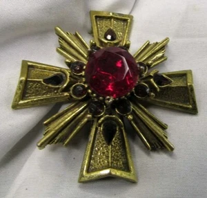 Vintage Zentall Goldtone Maltese Cross With Red Stones Broach - Picture 1 of 3