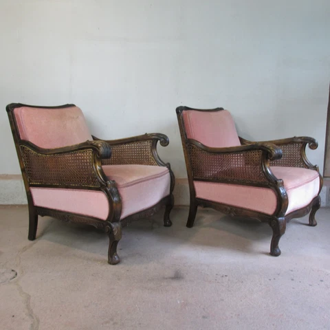 Pair 1930s French Lounge Chairs In Walnut, Cane And Mohair Cover