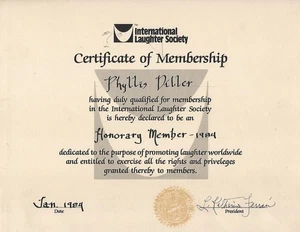Mitgliedsurkunde an PHYLLIS DILLER der International Laughter Society - Bild 1 von 1
