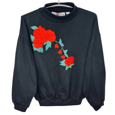 Suéter Pulôver Feminino Vintage Gitano Preto com Bordado Rosa Vermelha Tamanho M - Imagem 1 de 4