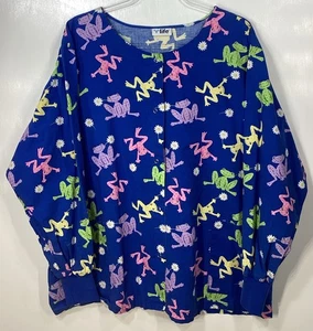 Scrub Coat Top womens size XL extra-large Frogs Daisies Spotted blue pink jacket - Picture 1 of 3