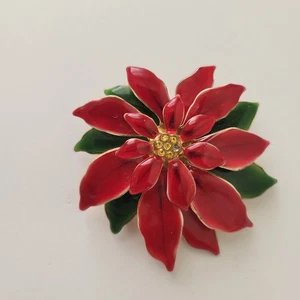 Vintage Weihnachts Brosche groß rot Emaille Weihnachtsstern Blume Strass Mitte 2" - Bild 1 von 8