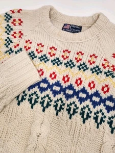 Vintage Lord Jeff Pullover Herren L weiß Fair Isle Zopfmuster Crew nordisch 100 % Wolle USA - Bild 1 von 5