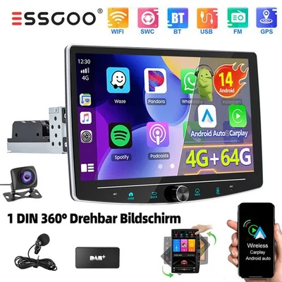 10,1" DAB+ Android 14 Autoradio 1DIN Sat Navi Kam 360° Drehbar Bildschirm 4+64GB - Bild 1 von 4