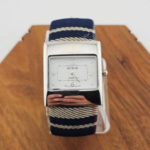 Geneva Women's Silver Tone Bracelet Cuff Watch Navy Blue Preppy Old Money  - Picture 1 of 7