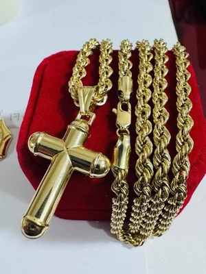 Conjunto de colar masculino de ouro real 18K 750 corda fina cruz 24,5”/24” comprimento 4mm 15,9g - Imagem 1 de 4