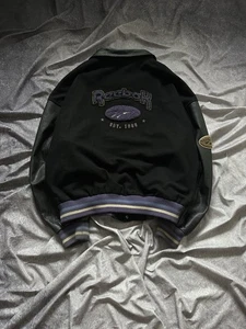 Vintage Reebok Jacket Mens Large Black Wool Leather Varsity Bomber Snap Quilted - Picture 1 of 12