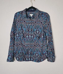 Talbots Shirt Small Cotton Blue Purple Paisley Blouse Long Sleeve Button Up - Picture 1 of 7