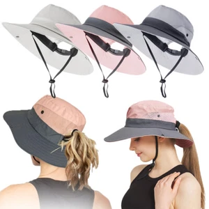 Portable Women Ponytail Sun Hat Wide Brim Summer Travel Cap UV Protection - Picture 1 of 10