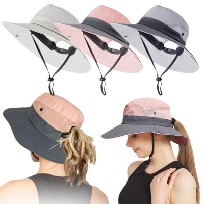 Gorra de viaje portátil para mujer cola de caballo ala ancha verano protección UV Foto 1 de 4