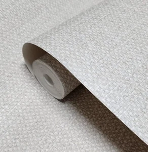 Alabaster tan off white faux weave lines Woven Raffia fabric textured wallpaper - Picture 1 of 14