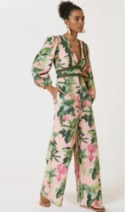 NWT Farm Rio X Anthropologie Pink Green Palm Tree Deep V Jumpsuit XSP XS Petite - Picture 1 of 3