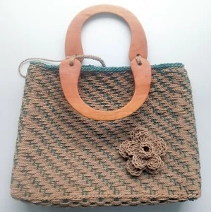 Vintage 70er Jahre Handtasche hellbraun grün Webmuster geflochtenes Garn - Bild 1 von 12