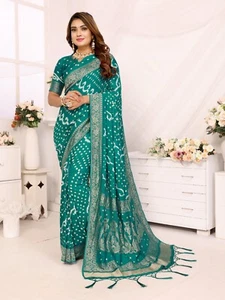 Rama Bandhej Bandhani Misco Pure Gaji Silk Peacock Saree With Blouse - Picture 1 of 7