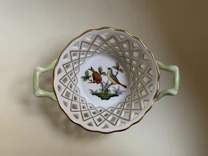 Herend ""Rothschild Bird"" runder offen gewebter Korb mit Griffen 5,5"" breit - Bild 1 von 4
