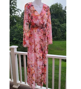 ECI pink Floral v-neck chiffon Maxi long sleeves pink belted Dress New 6-S-M - Picture 1 of 21