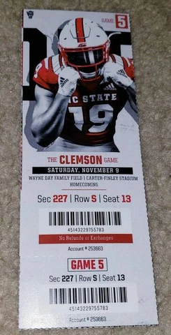 NEW UNUSED NC STATE WOLFPACK VS. CLEMSON TIGERS FOOTBALL GAME TICKET 11/9/19 Cover