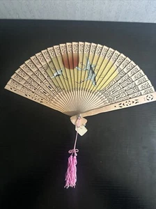 Vintage Wooden Hand Fan Hand Painted Fan Oriental Asian Ladies Hand Fan - Picture 1 of 24