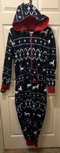 Tipsy Elves Fair Isle Blue Pajama Jumpsuit Holiday Reindeer Small - Picture 1 of 8