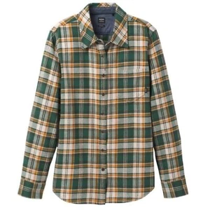 PrAna Shacket Shirt Jacket Womens XL Green Gold Plaid Flannel Organic Cotton - Picture 1 of 16
