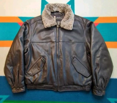 Chaqueta de bombardero de cuero Eddie Bauer con aislamiento de plumón para motocicleta motociclista café de colección grande Foto 1 de 4