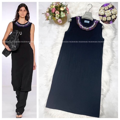 Abito smanicato autentico Prada decorazione bijou ricamo invecchiato S nero