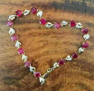4Ct Heart Lab-Created Red Ruby Women Tennis Bracelet 14k Two Tone Gold Plated 7" - Picture 1 of 6