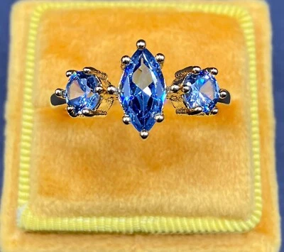 14ct Yellow Gold Blue Topaz Gem Engagement Christmas Ring Gift Simulated Filled - Image 1 of 4