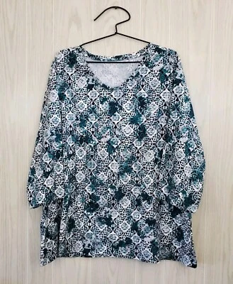 STUDIO WORKS 3/4 Sleeve V-Neck Cotton T-Shirt Pullover Top 3X Green Black White - Image 1 of 4