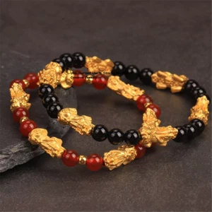 1pcs  999 24K Yellow Gold Men Women 3D 6pcs Pixiu Beads Bracelet 1.2-1.4g - Picture 1 of 3