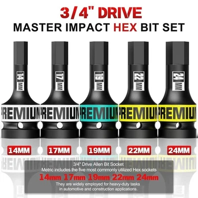 3/4" Drive Impact Hex Bit Set, 5 Piece Allen Bit Socket Set, 14-24mm, Metric,... - Image 1 of 4