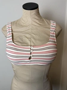 Aerie Scoop Bikini Swimsuit Top Medium White Red Blue Stitch Encolure Degage - Picture 1 of 9