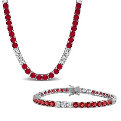 Amour Silver Created Ruby Created White Sapphire Tennis Bracelet & Necklace Set - Image 1 of 4