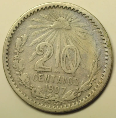 mw28485 Mexico Silver 20 Centavos 1907  straight "7"  KM#435 - Image 1 of 2