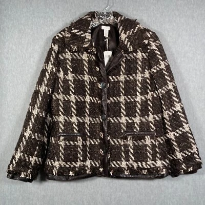 CHICO'S Janise Purrfect Plaid Jacket Womens 2/L Brown Faux Leather Trim NWT - Image 1 of 4