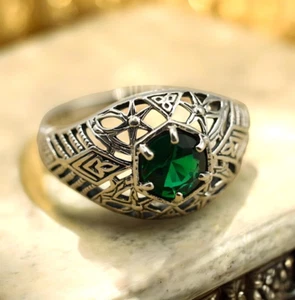 ANILLO FILIGRANA ESMERALDA SIMULADA PLATA ESTERLINA MACIZA 925 ESTILO VINTAGE 1785 - Imagen 1 de 4