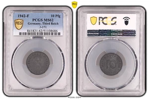 **PCGS MS62** 10 Pfennig 1942 F SWASTIKA Germany Third Reich J-371 Coin WW2 Pfg - Picture 1 of 2
