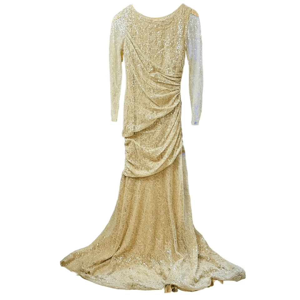 Vestido Carmen Marc Valvo Crema Manga Larga Lentejuelas Encaje Talla 8 Acanalado Fiesta Gala Foto 1 de 4