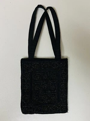 Винтажный шелк мини сумочка сумка черный сделано в Индии бисером с подкладкой с ручками - Изображение 1 из 4