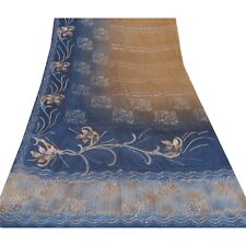 Sanskriti Vintage Blue Sarees Pure Silk Hand Beaded Craft Fabric Premium Sari