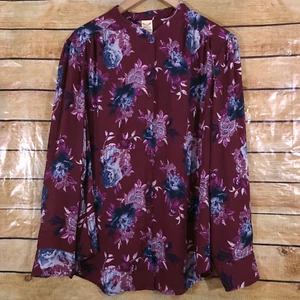 NEU Damen Faded Glory XL Langarm Bluse Blumen Burgund Lila Knopfleiste - Bild 1 von 5