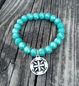 Rustic Cuff Bracelet Pearlized Turquoise Silicone Beaded Silver RC Logo Charm - Picture 1 of 2