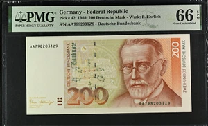 [AA PREFIJO] ALEMANIA 200 MARCOS ALEMANES 1989 P42 PMG 66 GEMA UNC EPQ PRE EURO - Imagen 1 de 2