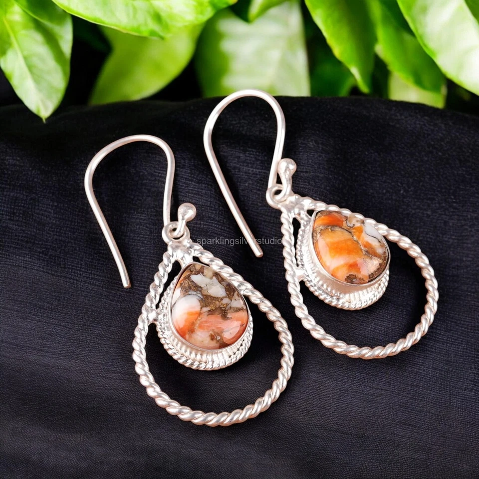 Помолвочные висячие серьги серебро 925 пробы оранжевая медь бирюза камень - Изображение 1 из 4