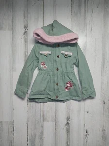 Little Lass Size 5 Hooded Jacket Green & Pink Canvas - Picture 1 of 6