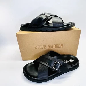 Steve Madden Atler Sandals Mens Size 11 M Black Leather Slide Buckle Casual - Picture 1 of 12